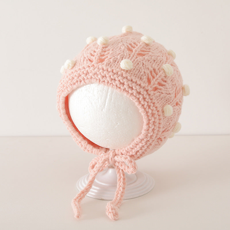 Pink vintage design warm balaclava for baby with dot pattern and cute pom-poms