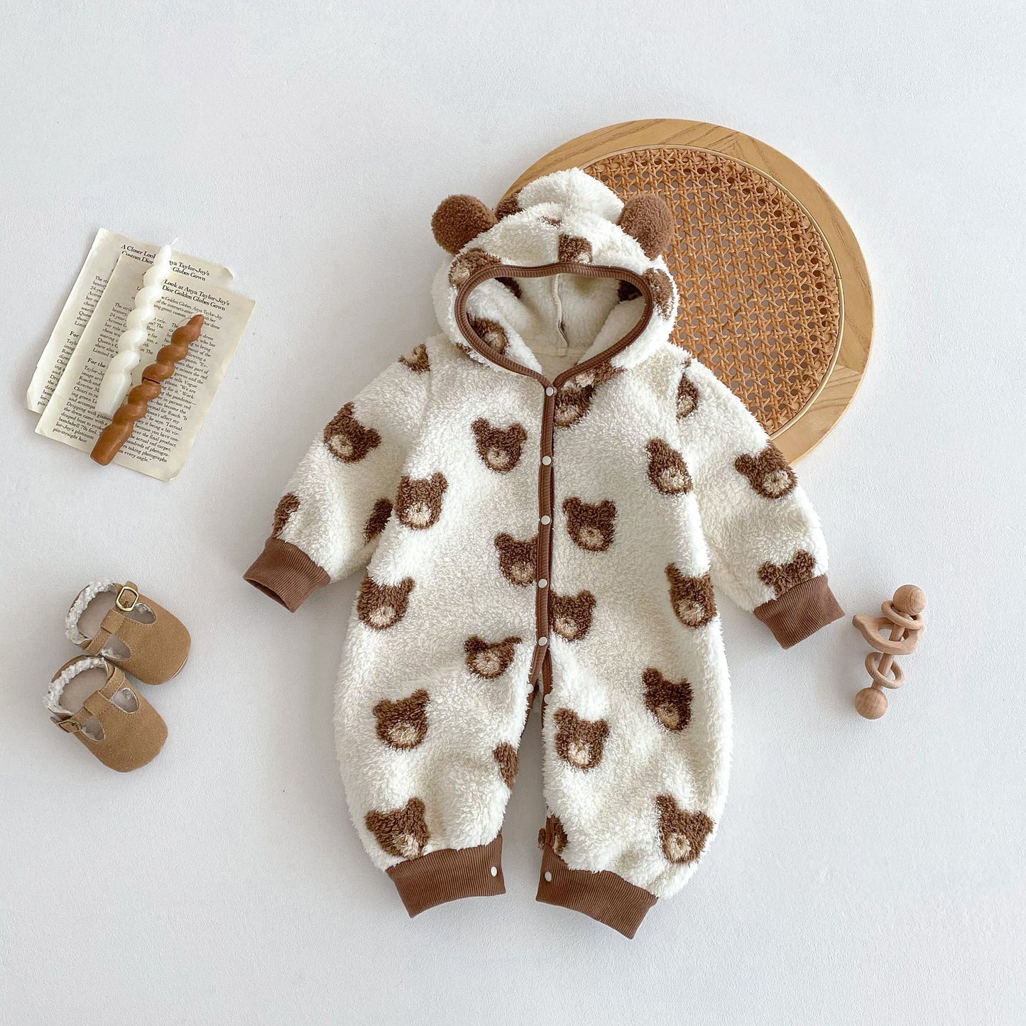 Winter New Arrival Baby Cute Teddy Hooded Design Warm Fleece Rompers