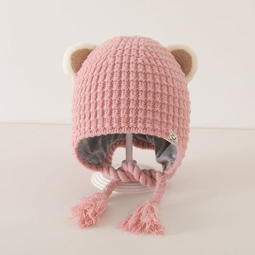 Cute pink balaclava for babies with bear ears and tassels, styled in plaid pattern for winter and autumn warmth.