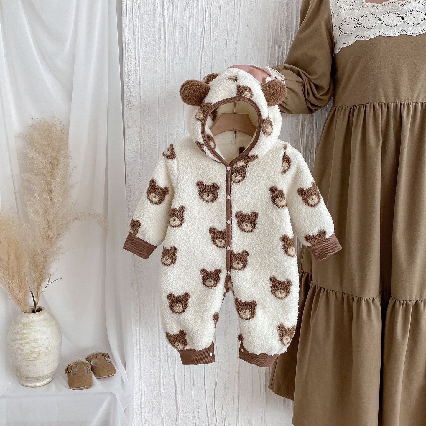 Winter New Arrival Baby Cute Teddy Hooded Design Warm Fleece Rompers