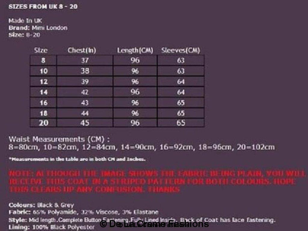 Size chart for wool blend double-breasted skater coat with size, chest, length, and sleeve measurements, plus note on fabric pattern.